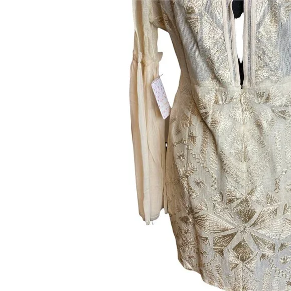 🌬️ Free People Womens Cleo Embroidered Cream Boho Mini Dress 🌾 - Picture 9 of 13